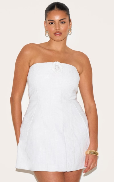 Plus Premium White Boucle Camellia A-line Dress