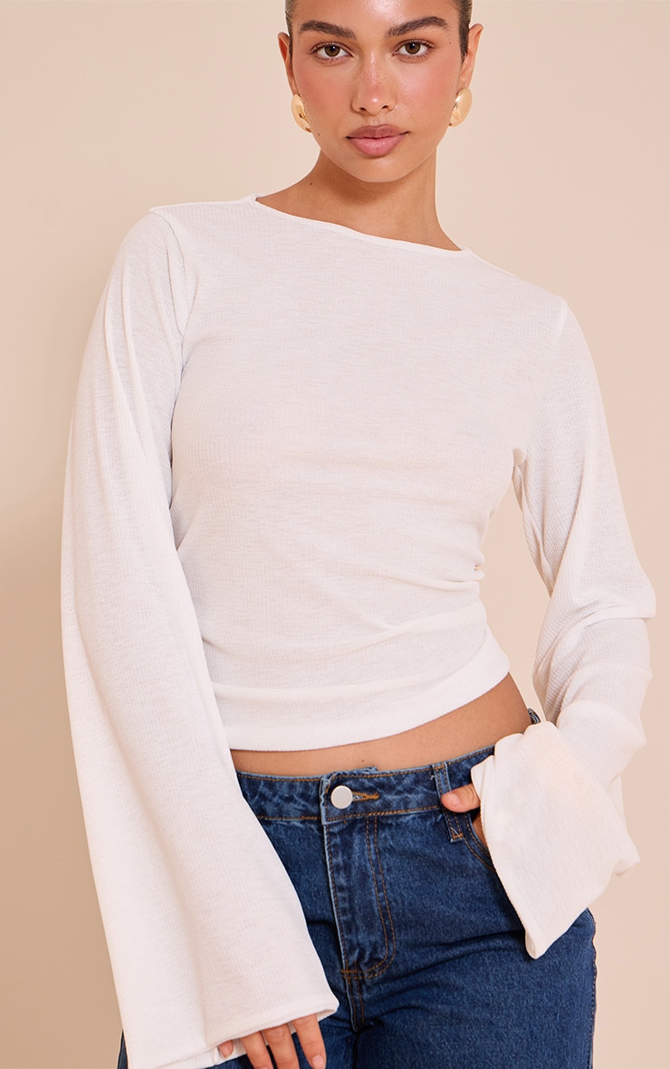 Ecru Rib Onion Skin Flare Long Sleeve Top image 4