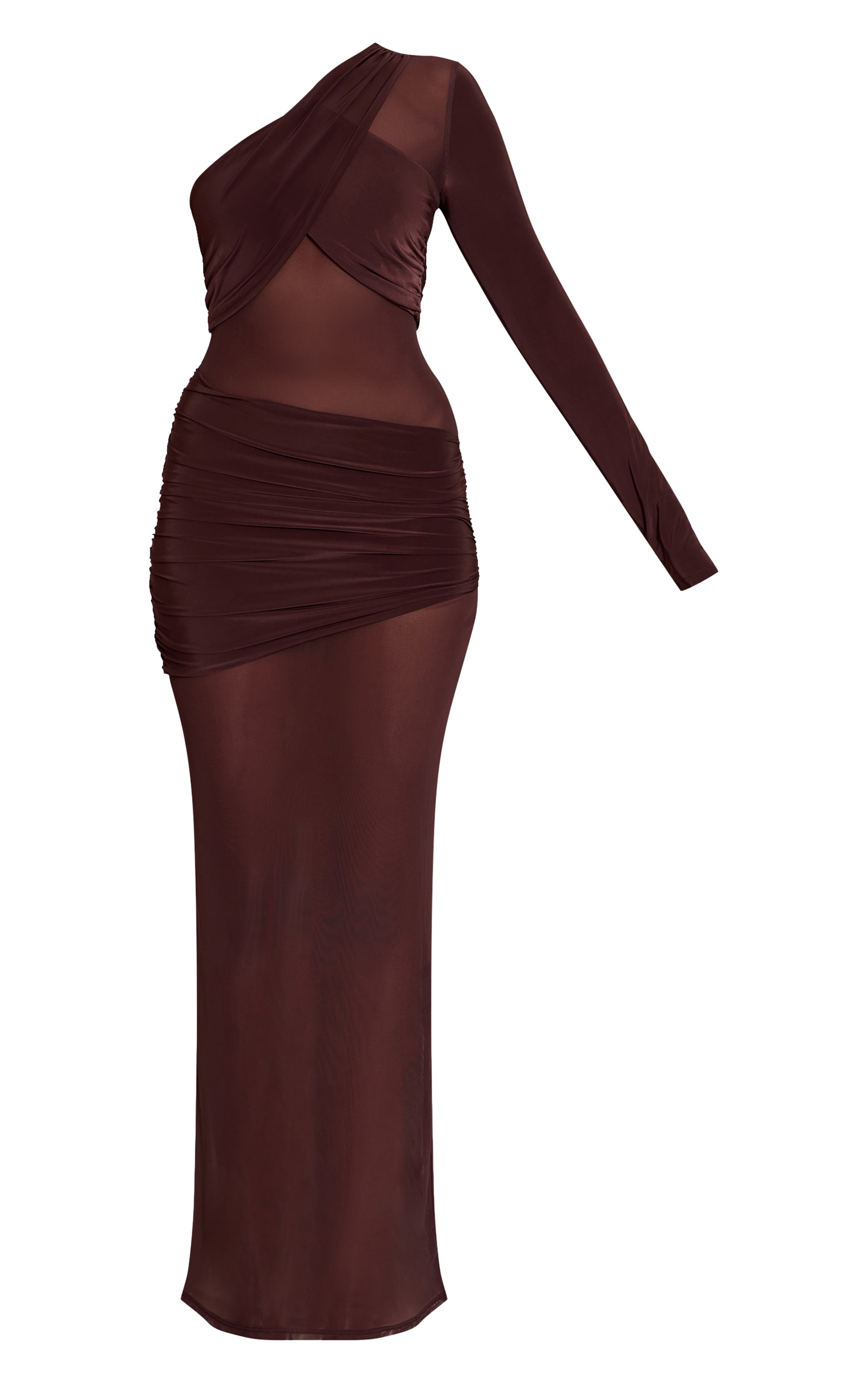 Chocolate Mesh Cut Out Detail One Sleeve Maxi Dress image 5