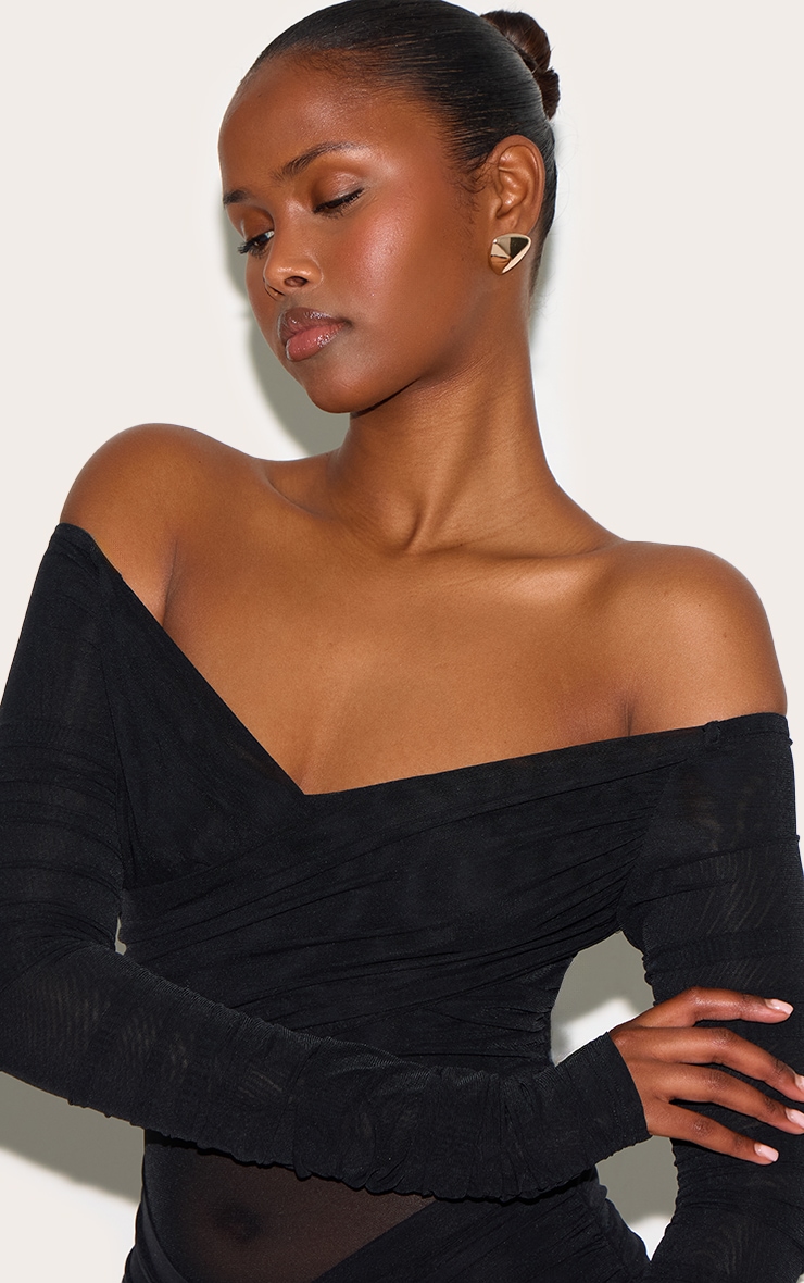 Black Bandage Mesh Bardot Layered Ruched Maxi Dress image 4