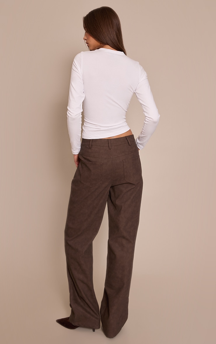Brown Textured Faux Leather Straight Leg Pants image 3