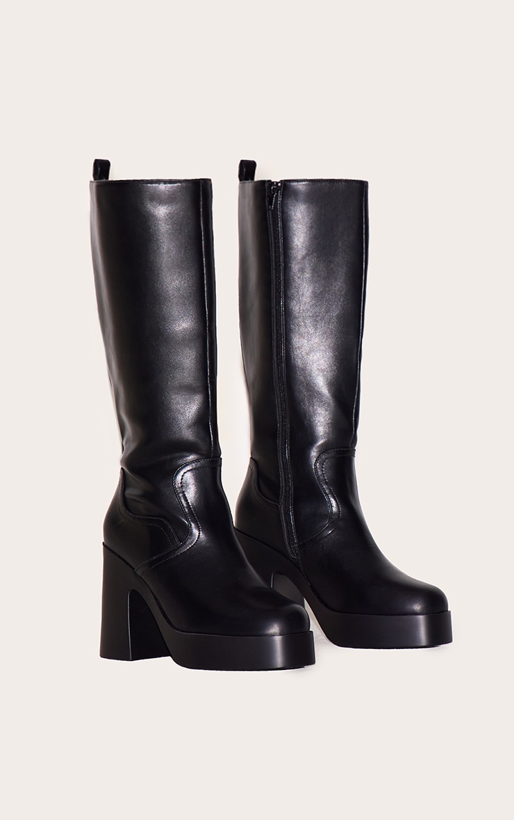 Bottes hautes pointure large pointues en PU noir à talon carré et plateforme fine image 2