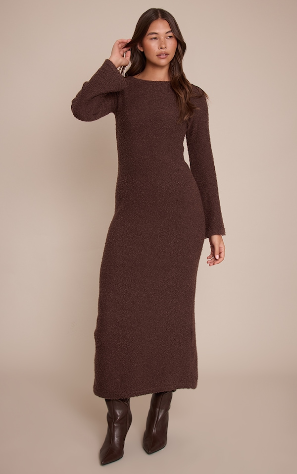 Chocolate Bobble Knit Knitted Maxi Dress 