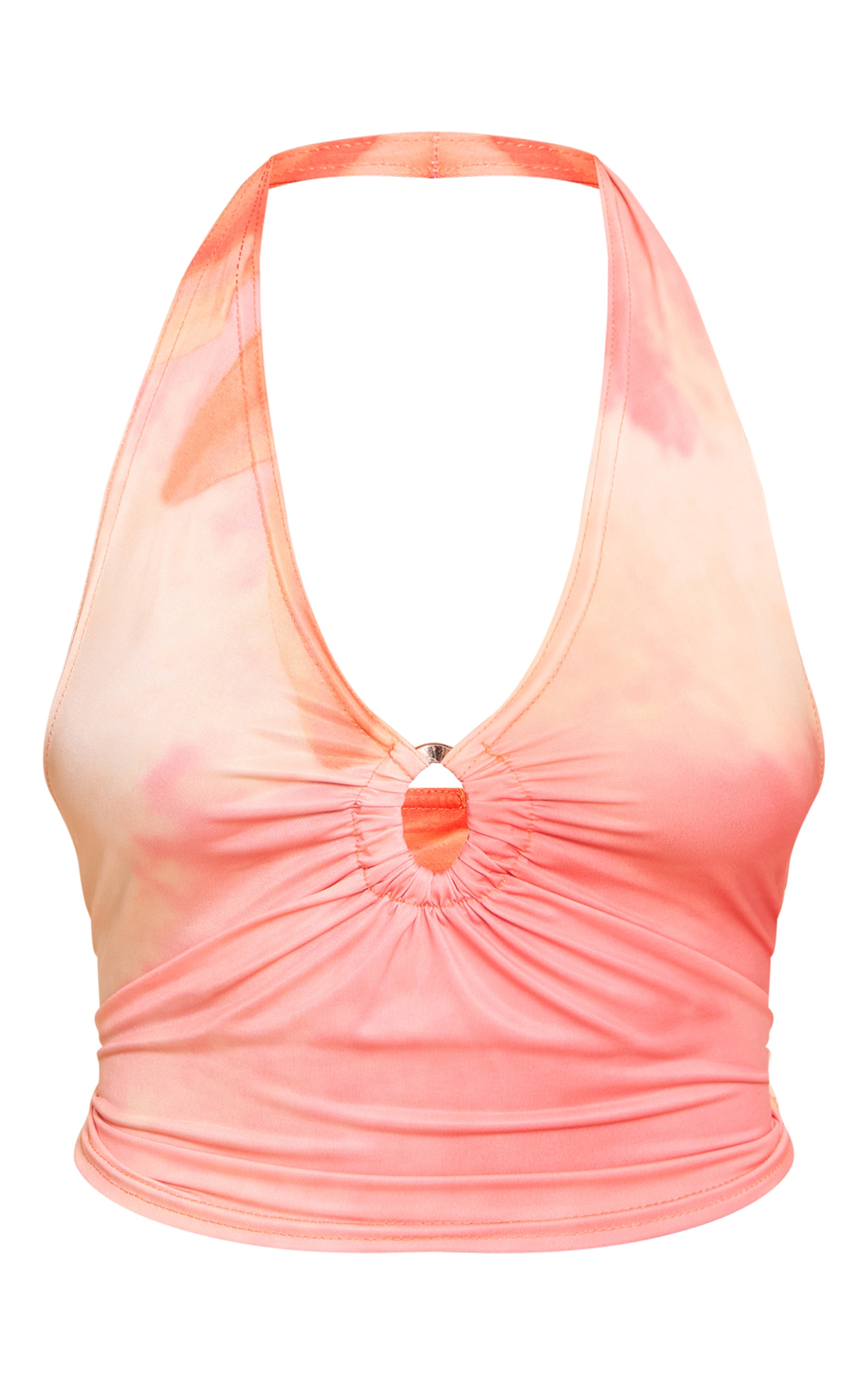 Orange Floral Print Gold Front Ring Detail Halterneck Tops image 5