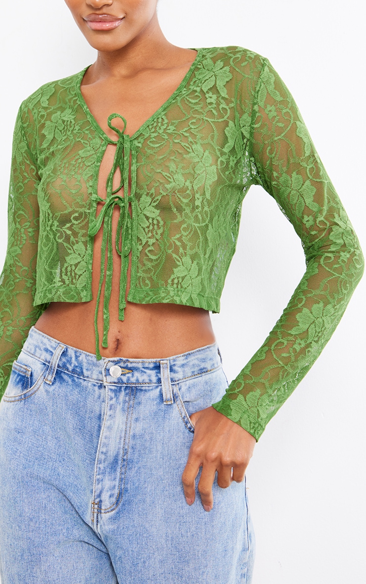  Khaki Lace Tie Crop Top image 4