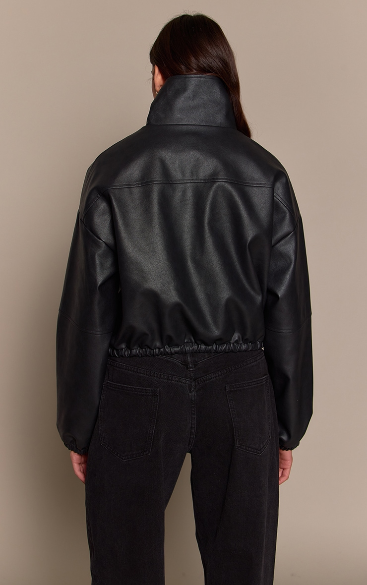 Black PU Bubble Hem Funnel Neck Jacket image 2