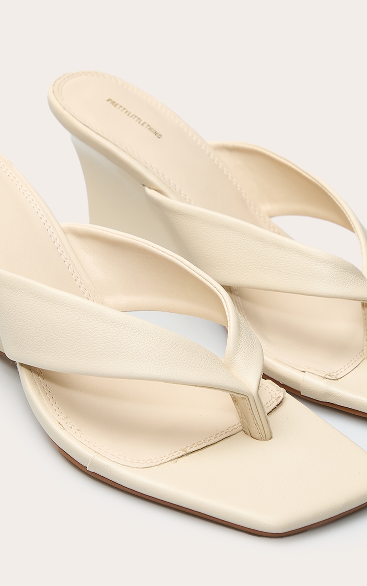 Cream PU Toe Thong High Heeled Mule Wedges image 5