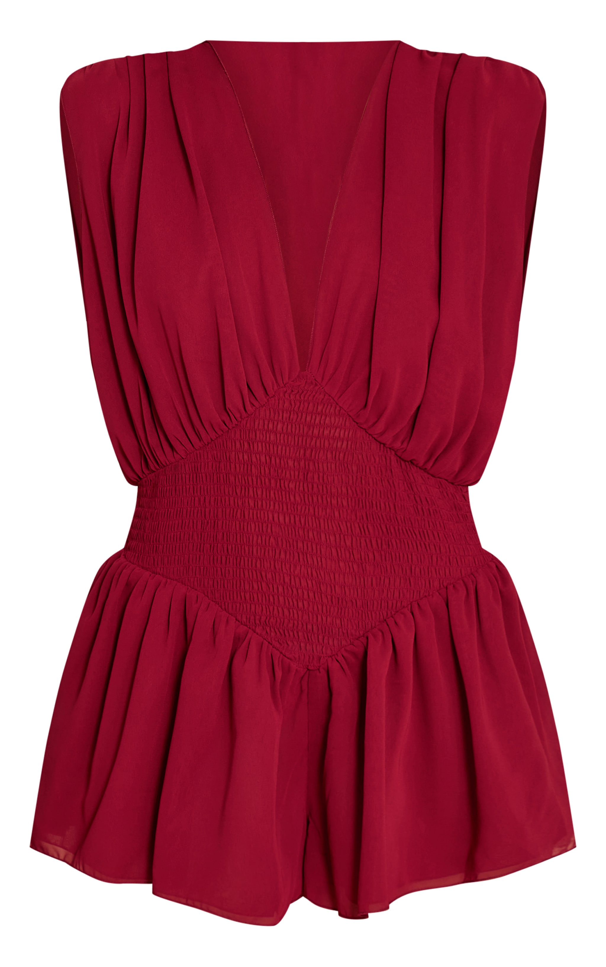 Red Chiffon V Neck Shirred Waist Frill Romper image 5