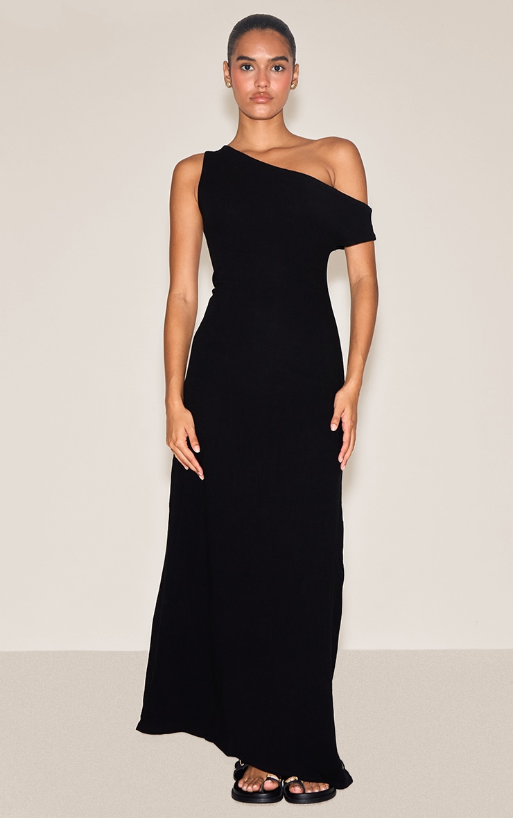 Robe longue asymétrique tissée texturée noire à épaule unique image 1