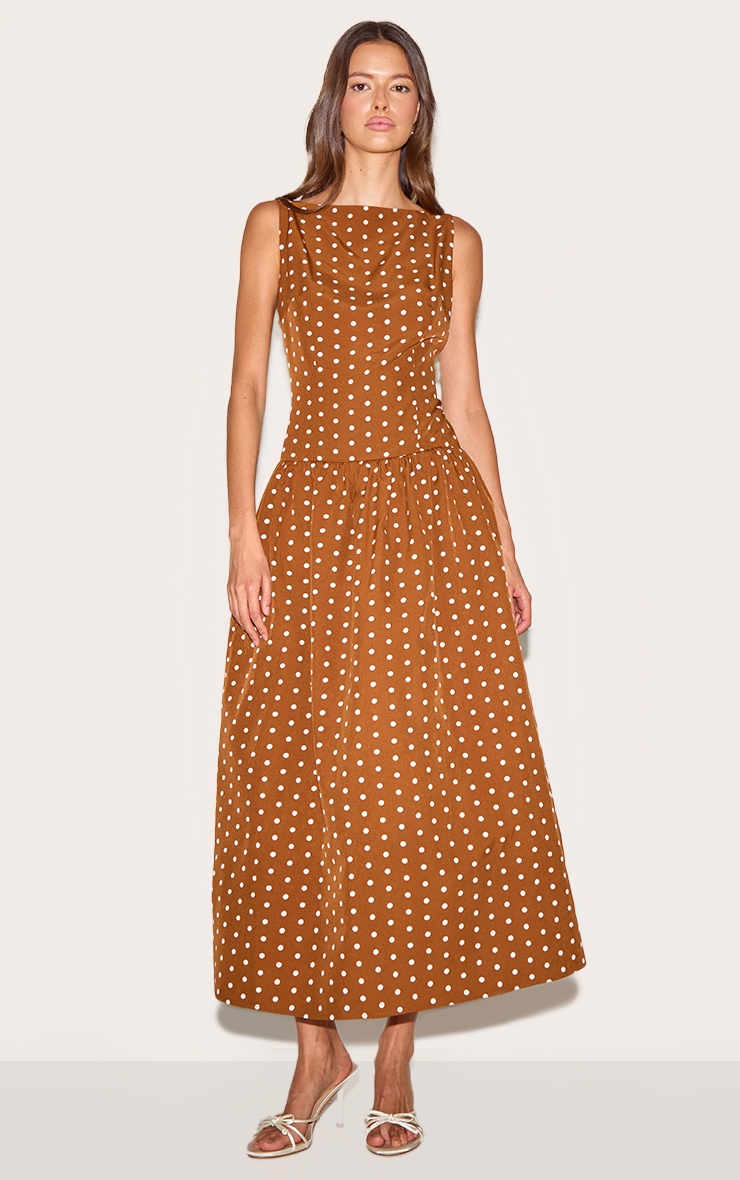 Brown Polka Dot Dropped Waist Midaxi Dress image 1
