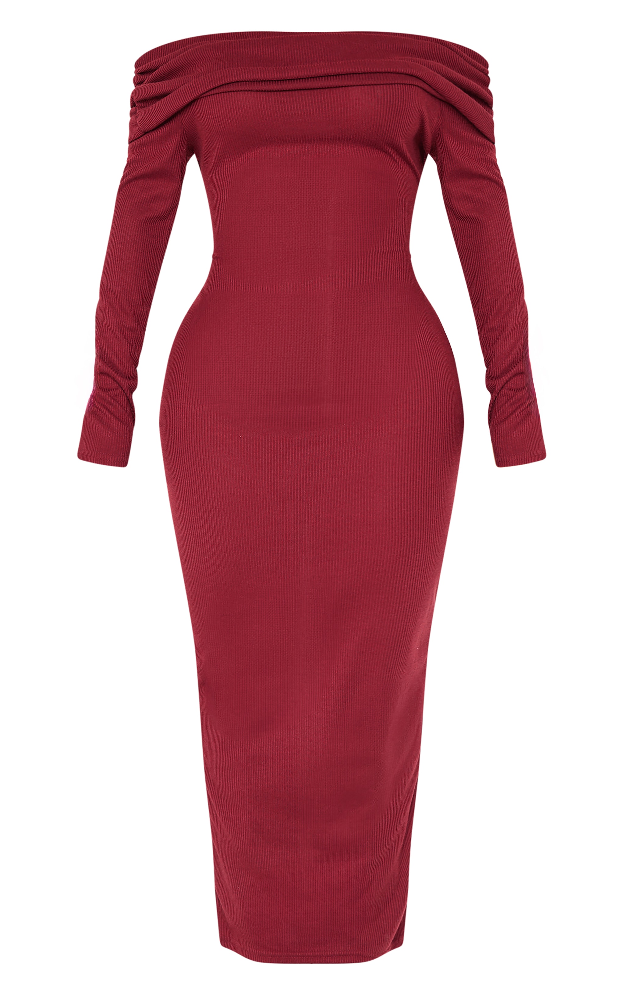 Shape Burgundy Rib Bardot Long Sleeve Maxi Dress image 5