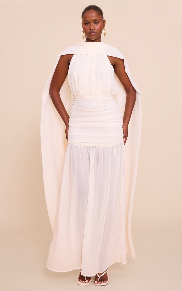 Cream High Neck Scarf Detail Ruched Maxi Dress image 1