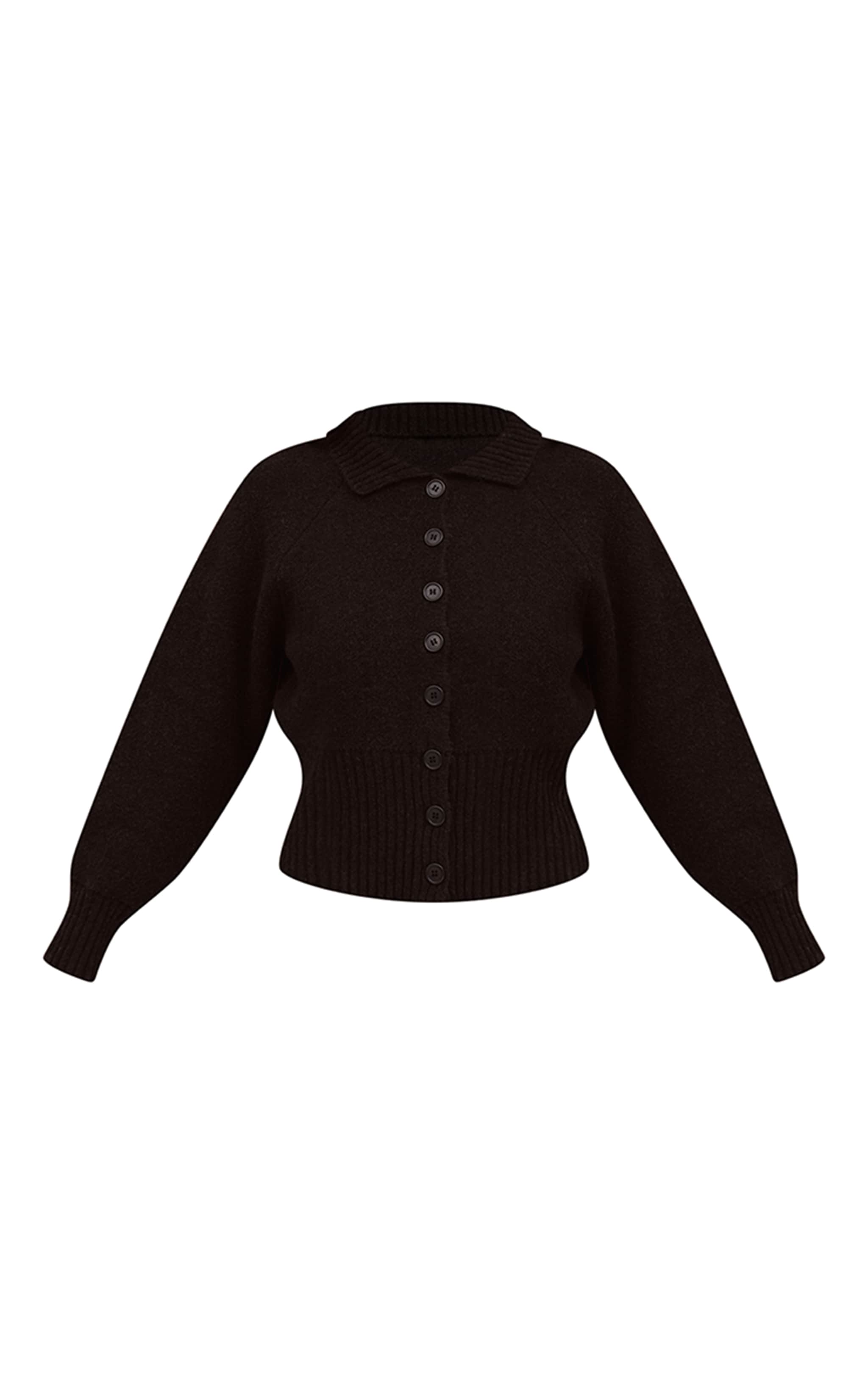 Black Collared Waist Detail Knitted Cardigan
