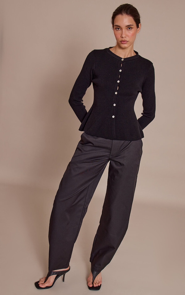 Black Woven Button Barrel Leg Pants