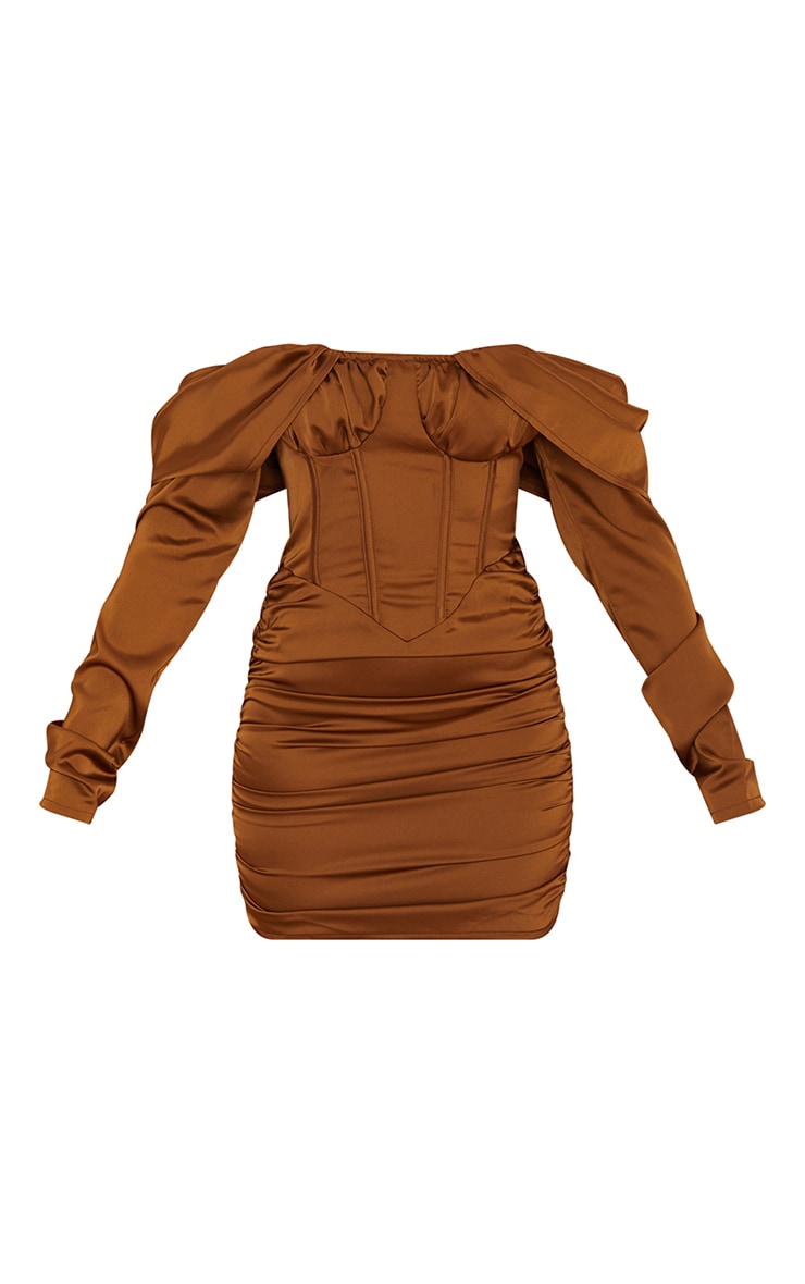 Chocolate Satin Drape Bardot Sleeve Ruched Back Bodycon Dress image 4