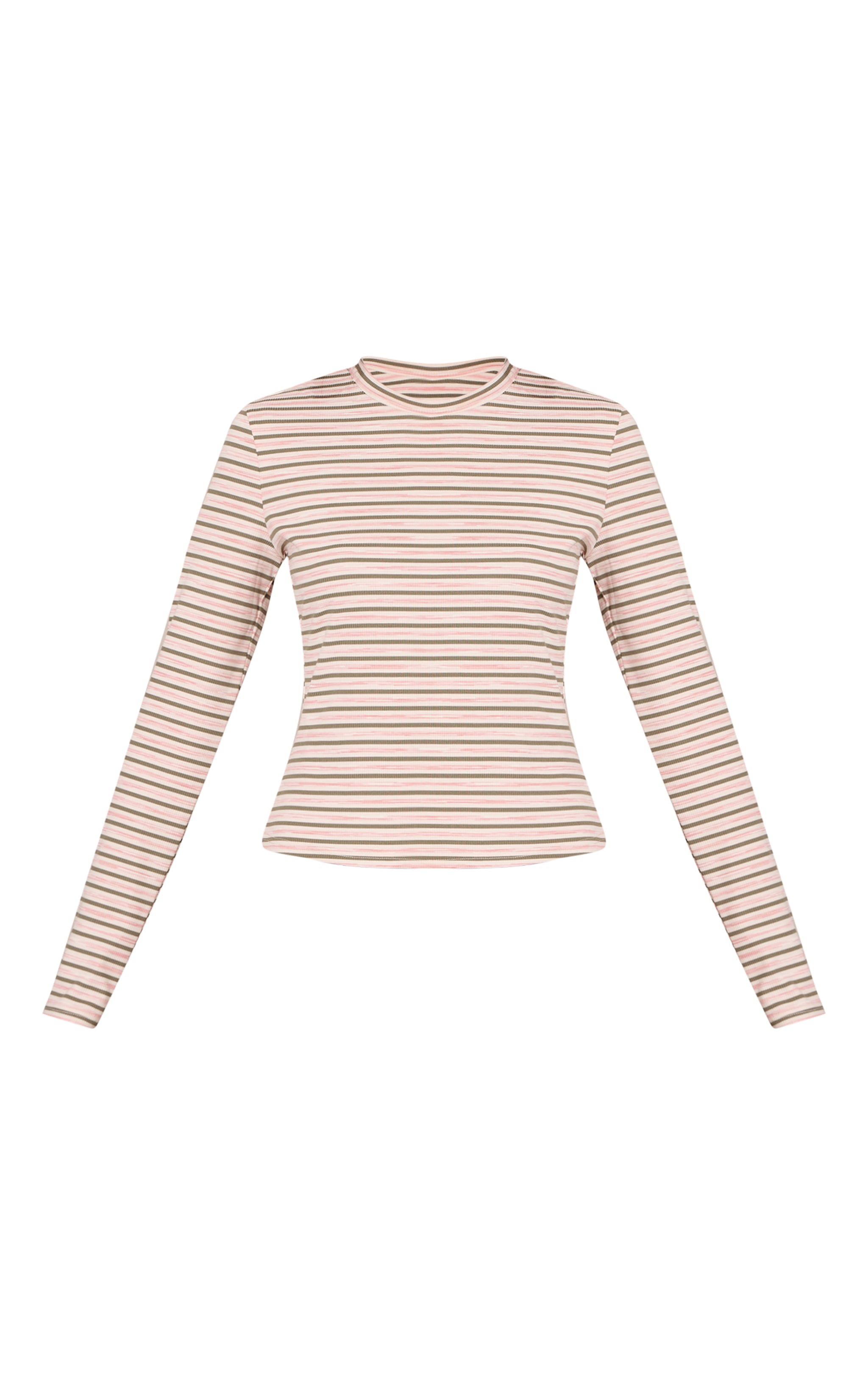 Khaki  Soft Rib Striped Detail  Fitted Long Sleeve Top  image 5