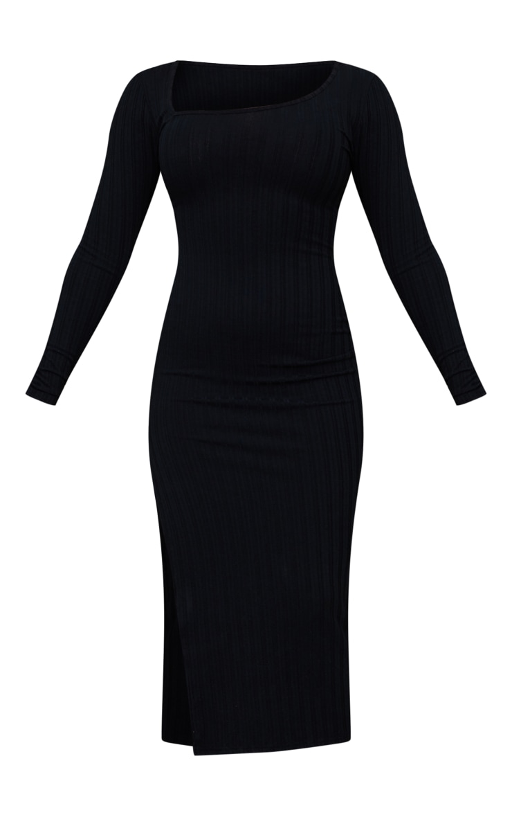 Black Wide Rib Asymmetric Neck Split Detail Midaxi Dress image 5