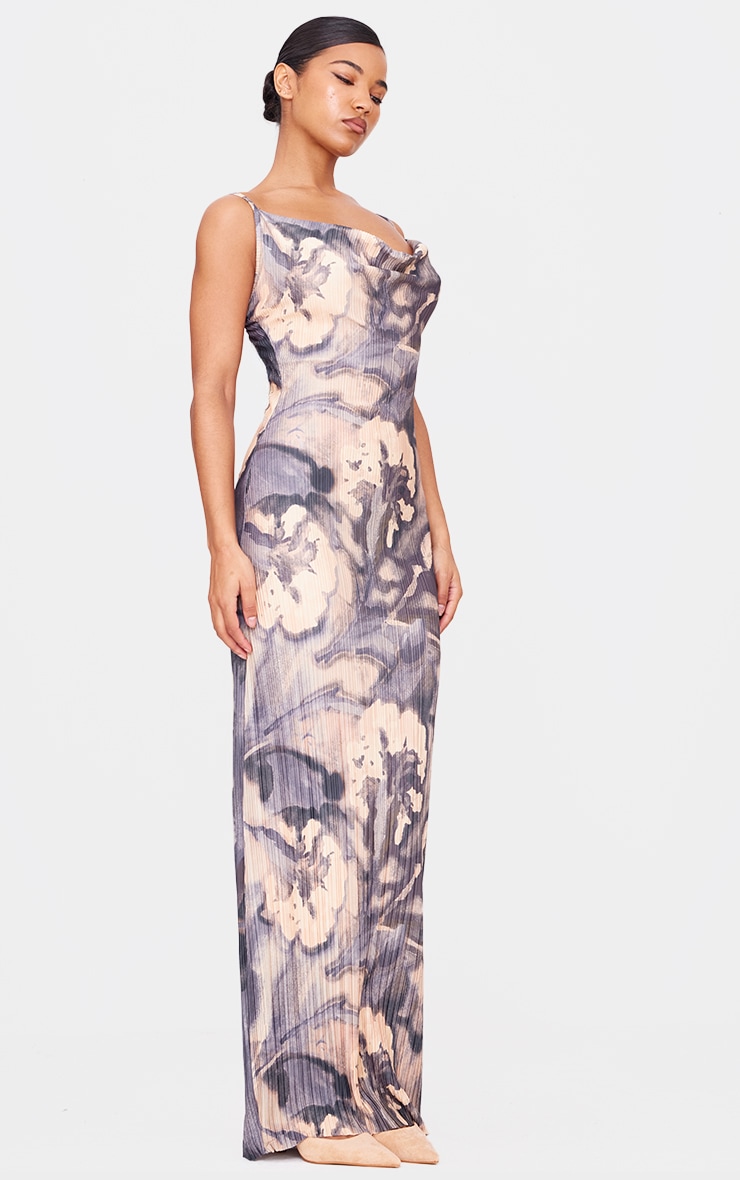 Blue Floral Printed Plisse Strappy Maxi Dress image 3