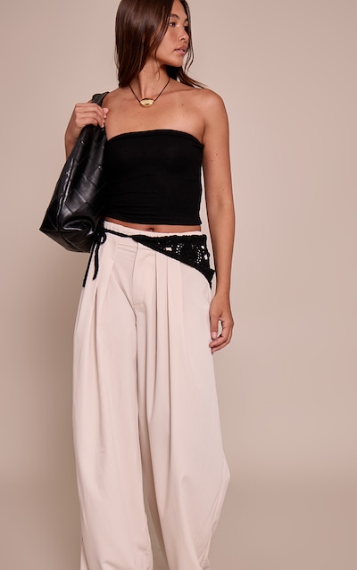 Cream Pleated Woven Wide Leg Pants