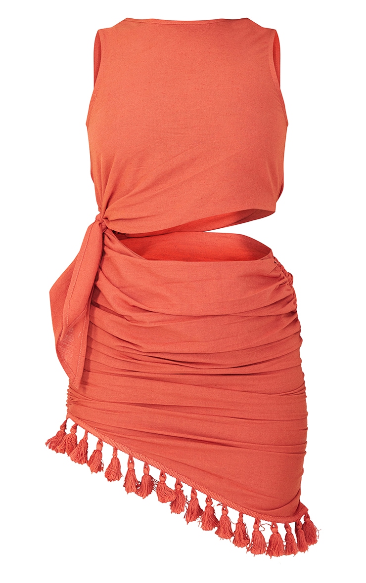 Rust Linen Cut Out Tassel Hem Bodycon Dress image 5