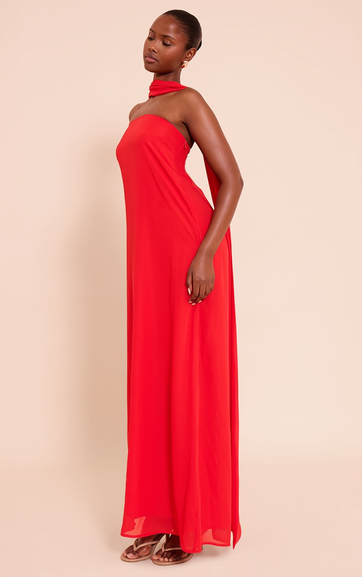 Red Chiffon Scarf Detail Bandeau Column Dress image 3