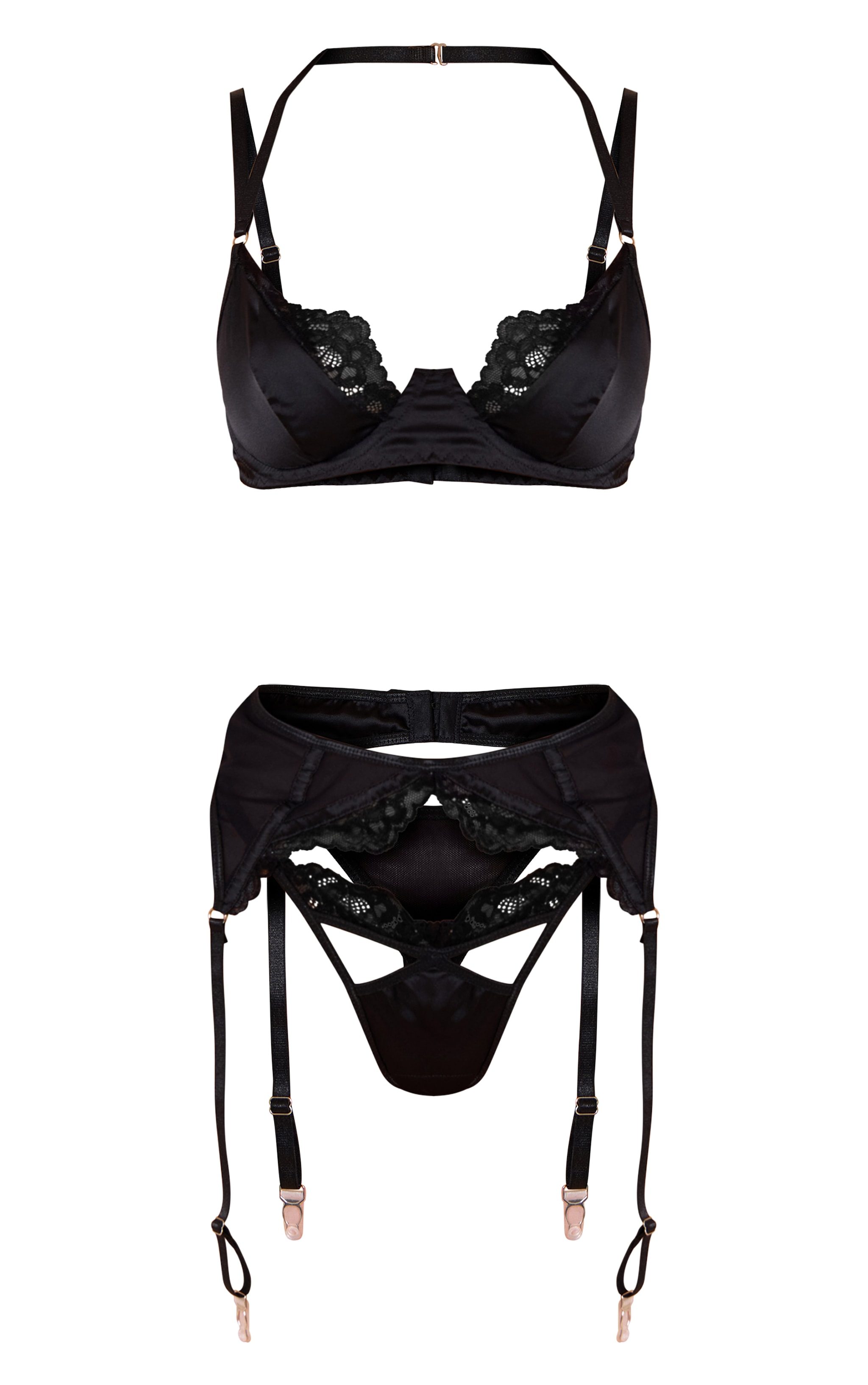 Ensemble soutien-gorge et culotte satiné noir à armatures et porte-jarretelles image 5