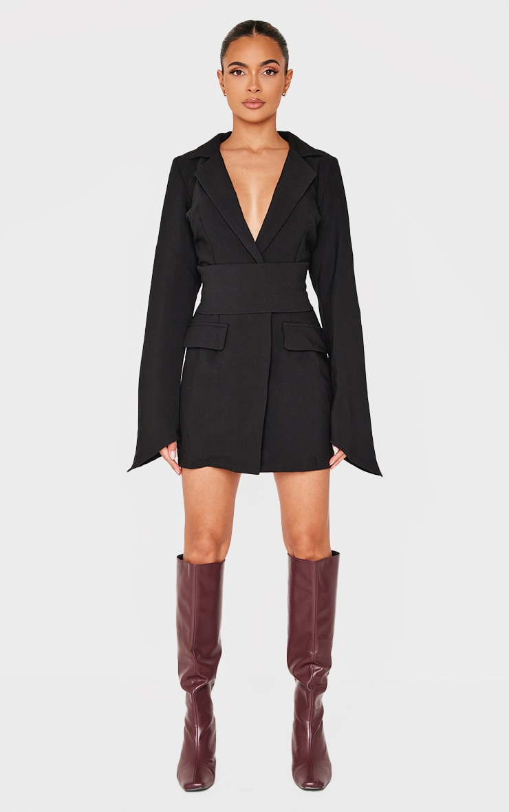 Black Woven Wrap Belted Blazer Dress image 3