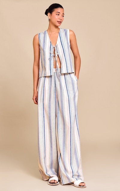 Pale Blue Linen Look Pinstripe Wide Leg Pants