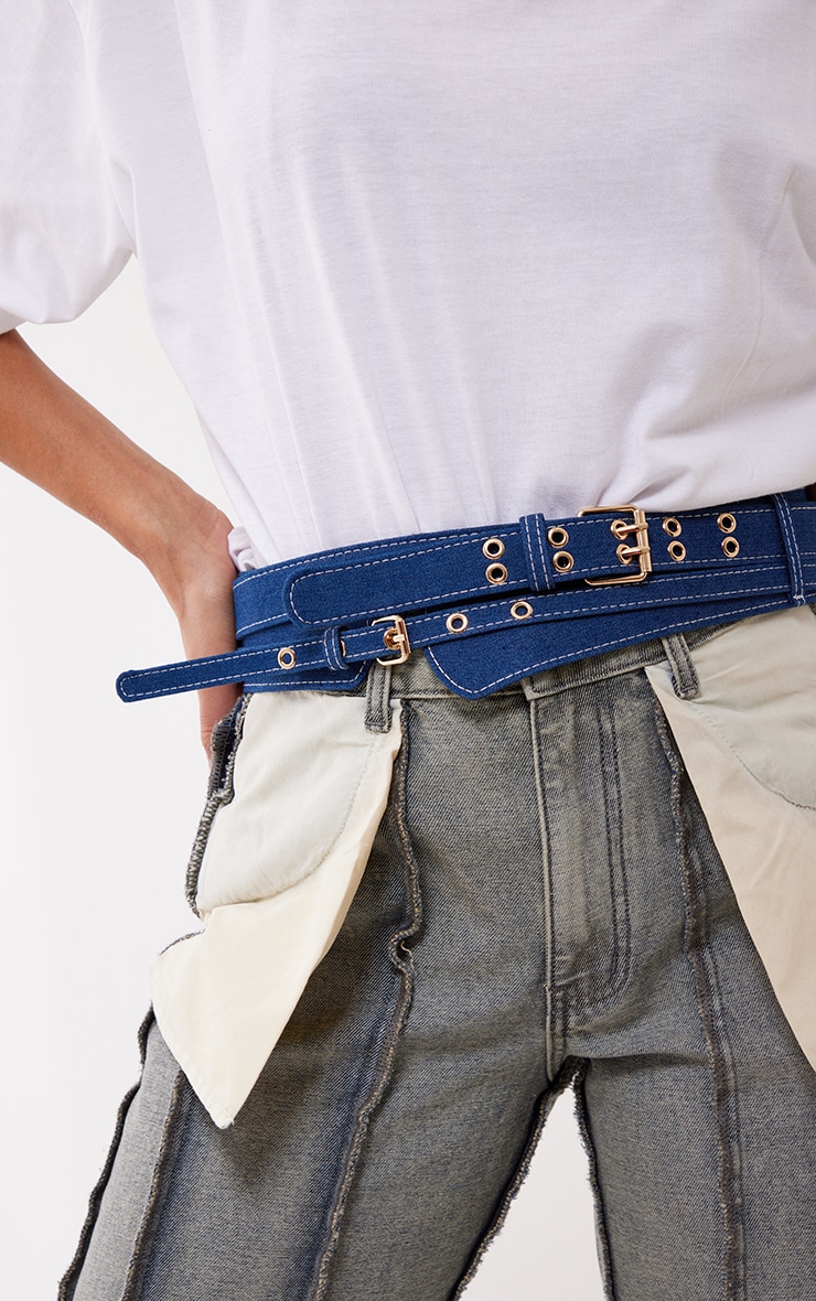 Denim Double Buckle Eyelet Waist Belt PrettyLittleThing KSA