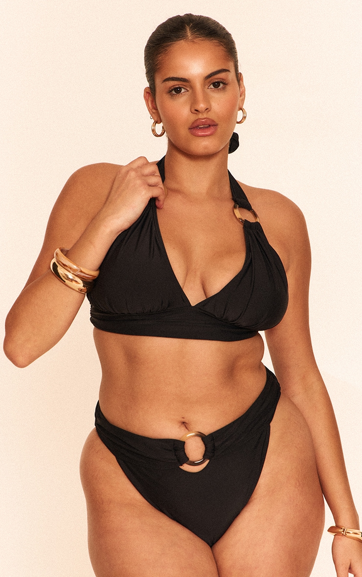 Plus Black O Ring Detail Ruched Triangle Bikini Top image 1