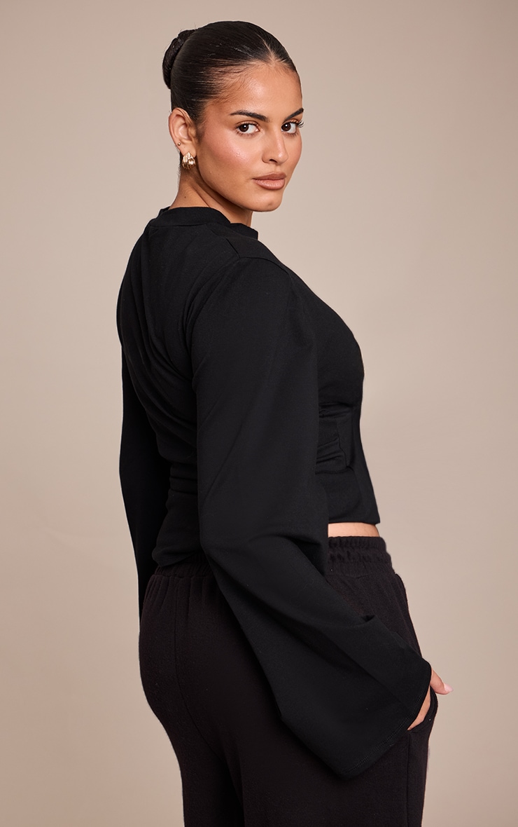Plus Black Cotton Ruched Side Long Sleeve T-shirt image 2