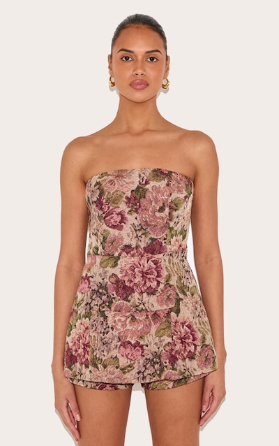 Combishort bustier jupe short en jacquard gris pierre fleuri plissé