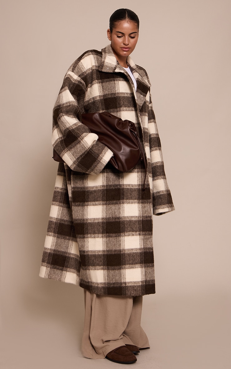 Plus Manteau long en effet laine à carreaux et col entonnoir image 3