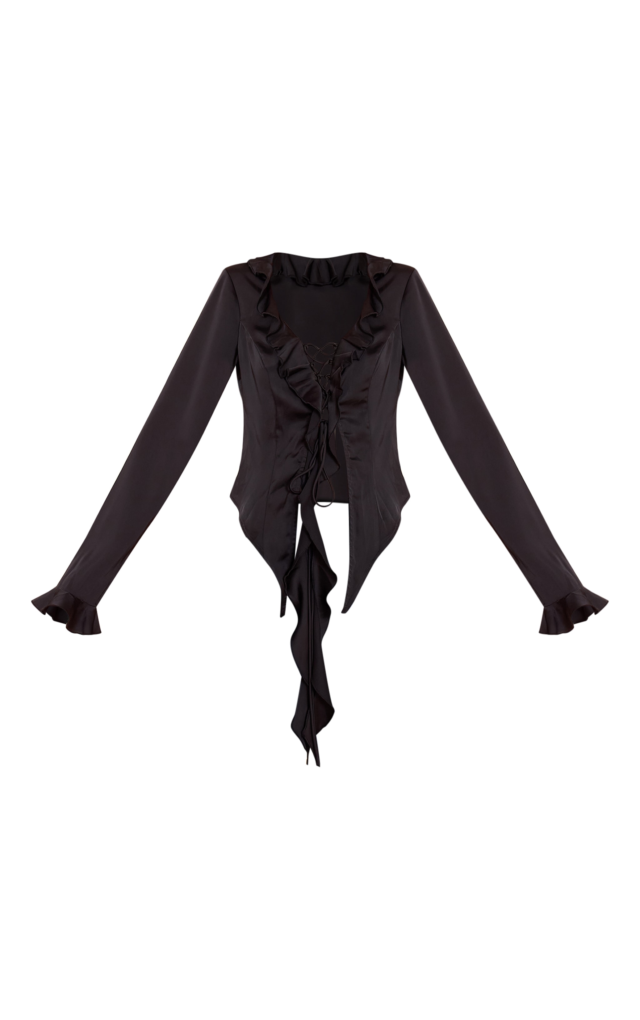 Black Satin Frill Tie Front Long Sleeve Top image 5