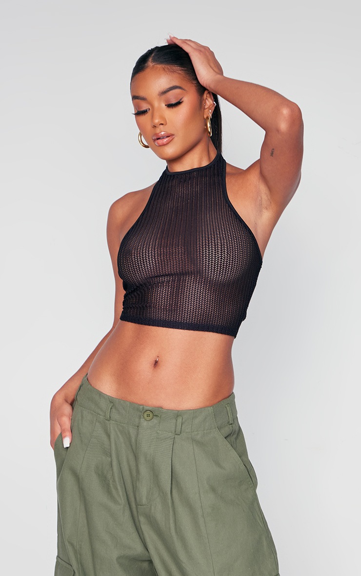 Crop Top Dos Nu En Mesh Transparent Noir PrettyLittleThing FR
