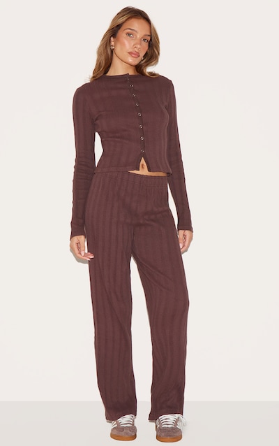 Dark Brown Rib Mid Rise Straight Leg Pants