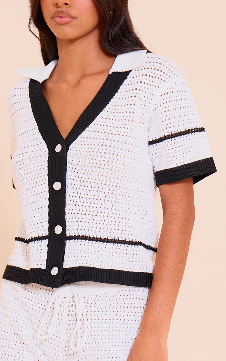Petite White Knitted Crochet V-neck Fitted Shirt image 4