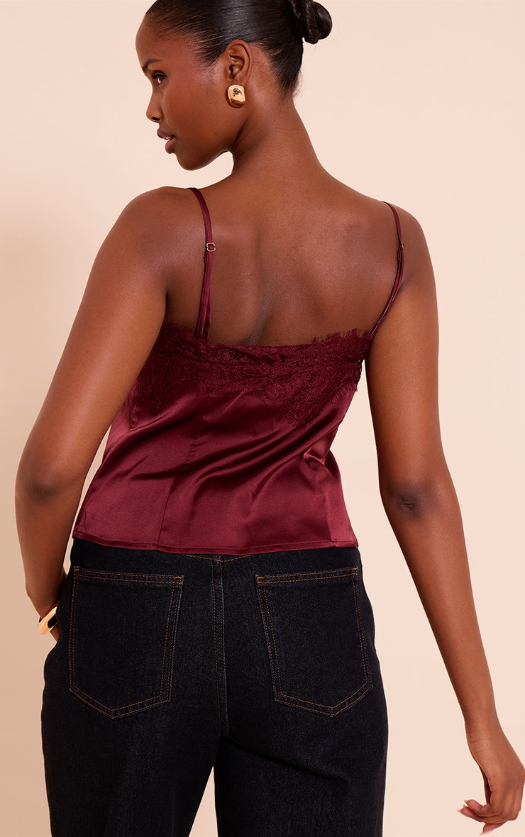 Burgundy Satin Lace Panel Strappy Cami Top image 2