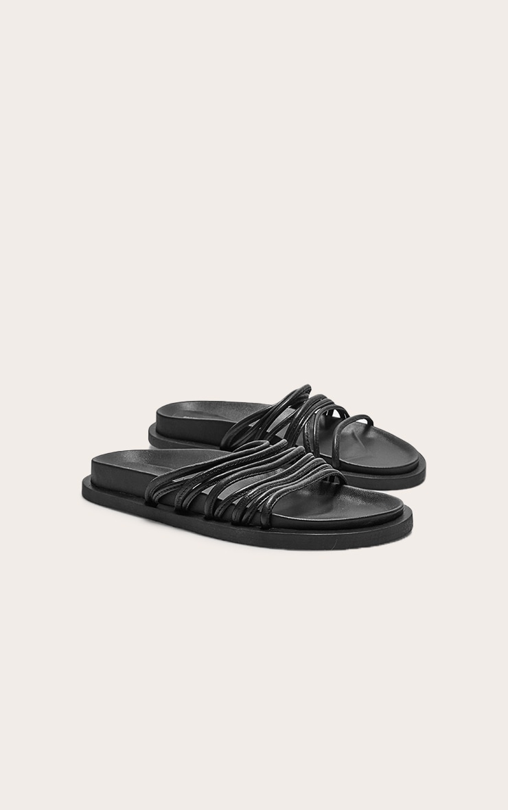Black Real Leather Round Toe Strap Detail Footbed Sandals image 3