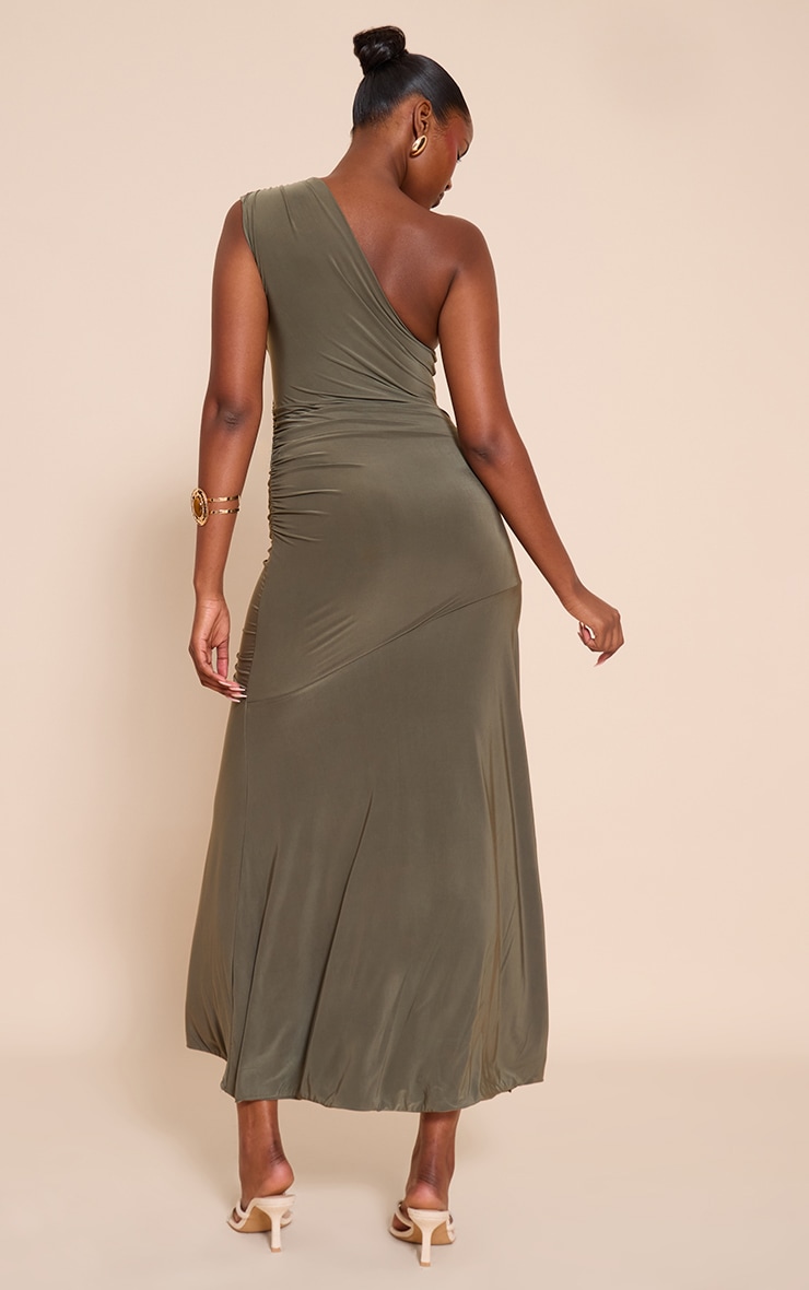 Kaki Deux couches Fluide One Shoulder Froncé Drop Hem Longue Robe image 2