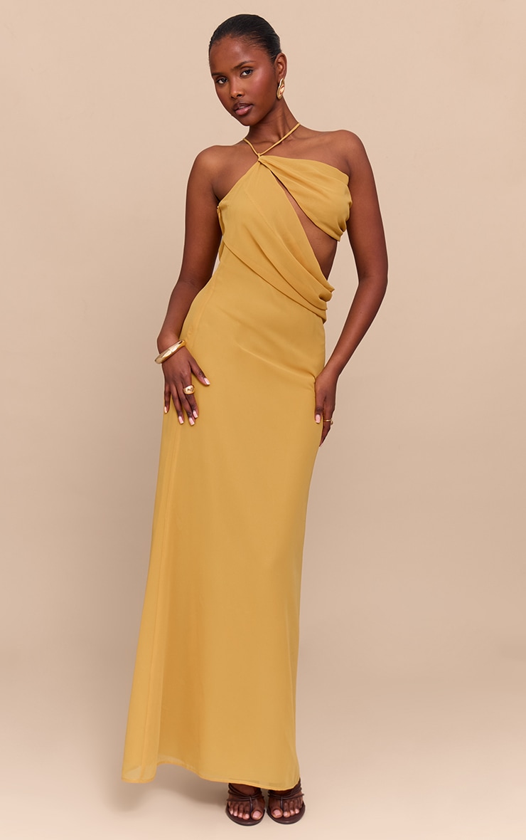 Mustard Chiffon Cut Out Draped Maxi Dress image 1
