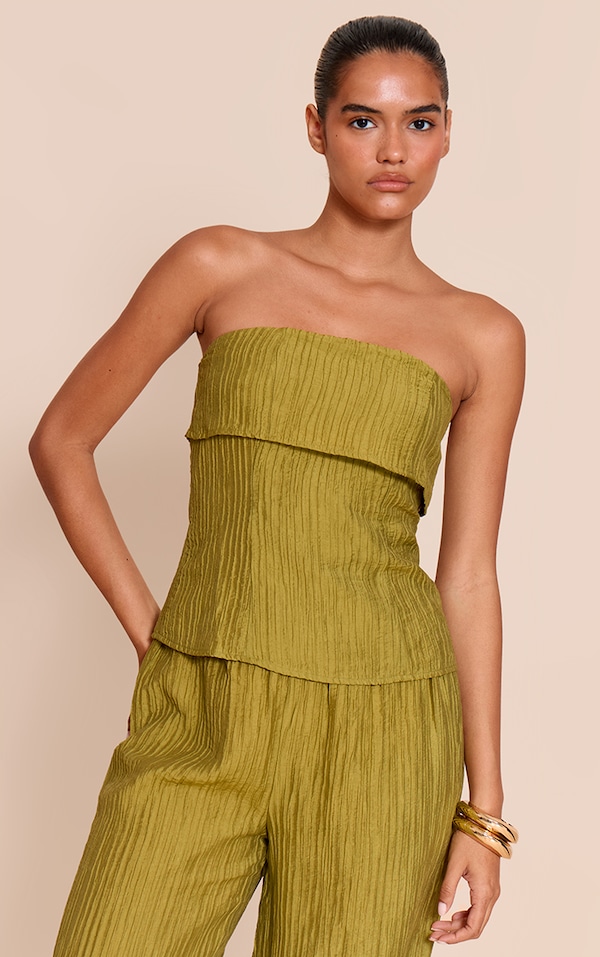 Olive Textured Woven Fold Over Bandeau Top