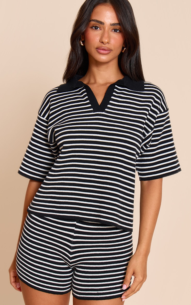 Petite Black Stripe Knitted Oversized Collared Top image 4