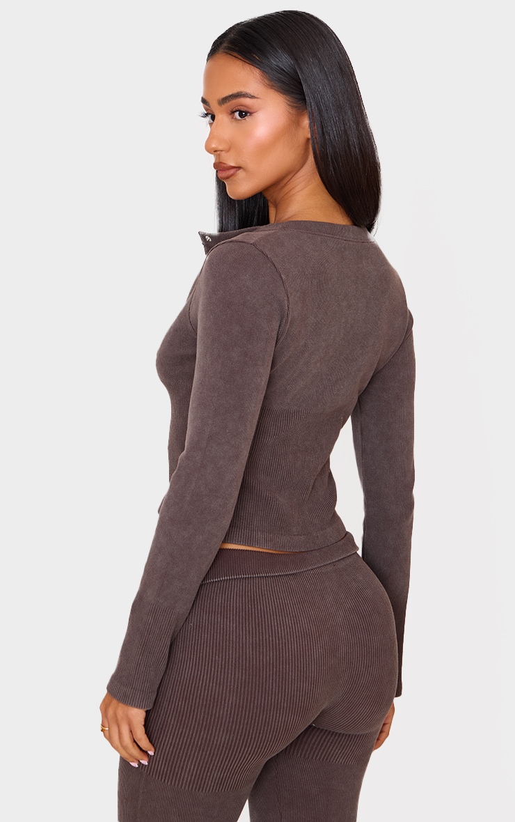Petite Chocolate Faded Snatched Rib Long Sleeve Button Up Long Top image 2