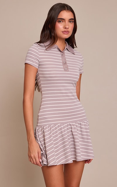 Grey Striped Collar Detail Shift Dress