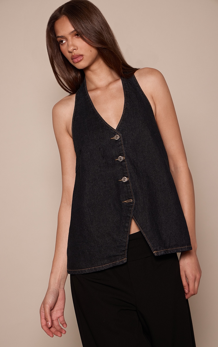 Raw Indigo Halterneck Denim Waistcoat image 1