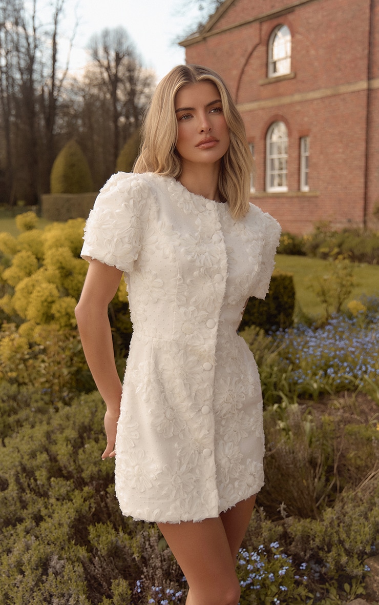 Cream Boucle Floral Button A Line Dress