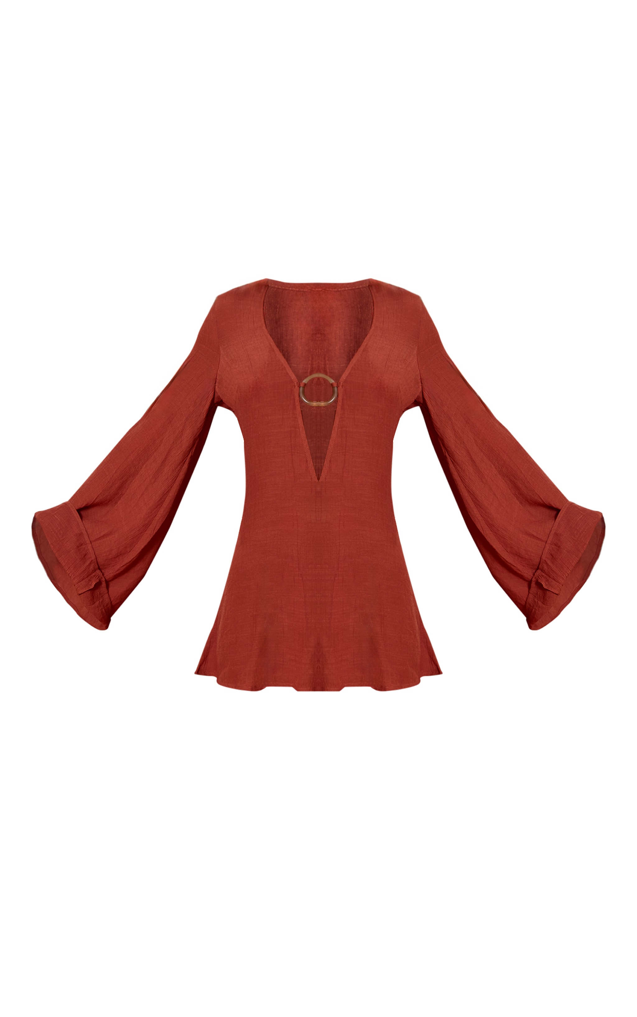 Robe de plage en effet lin rouille à manches flûtes et anneau image 5