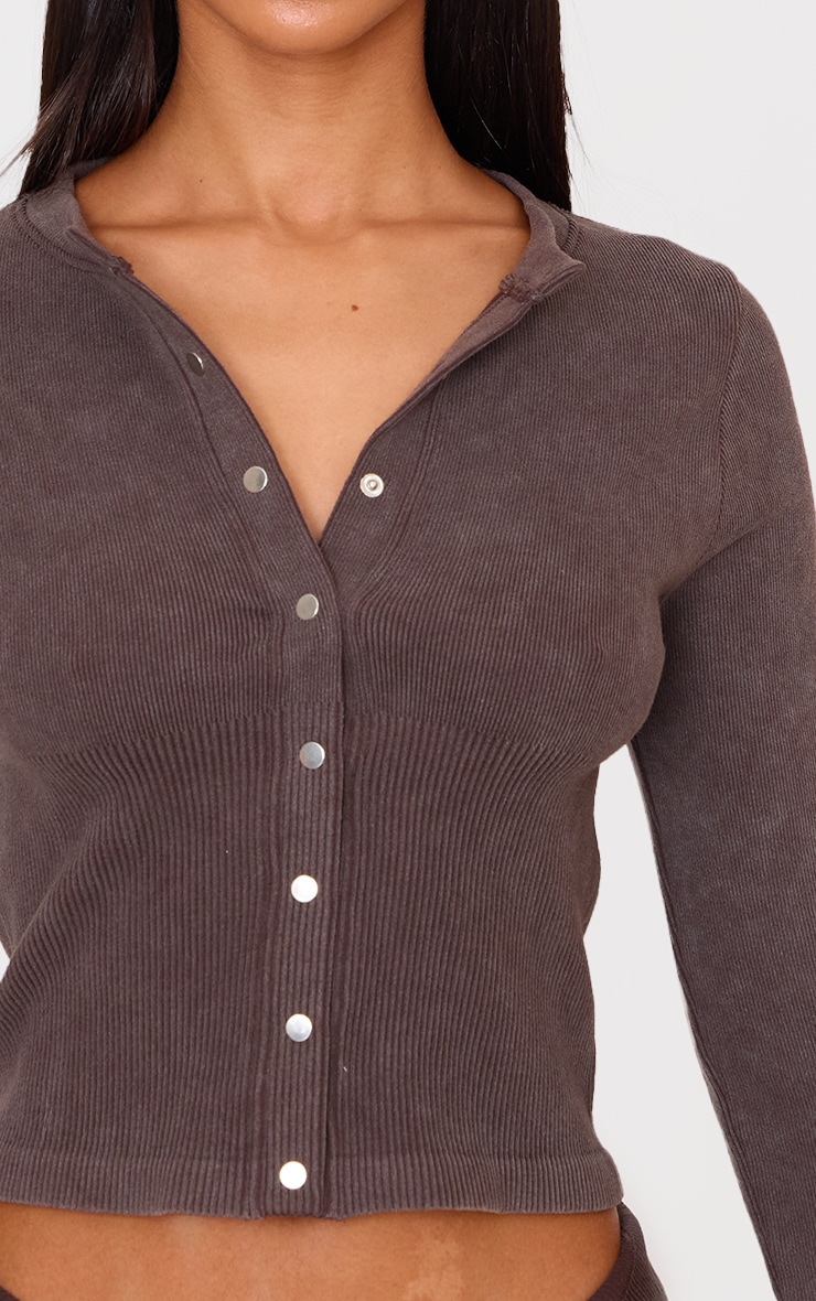 Petite Chocolate Faded Snatched Rib Long Sleeve Button Up Long Top image 4