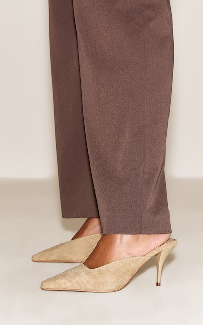 Taupe Faux Suede Squared Chiseled Toe Court Mules
